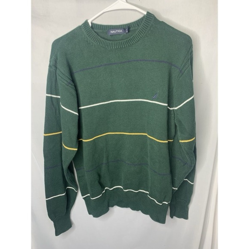 Nautica Mens Oversized Green Striped Knit Sweater Mens L Cotton Crew Neck